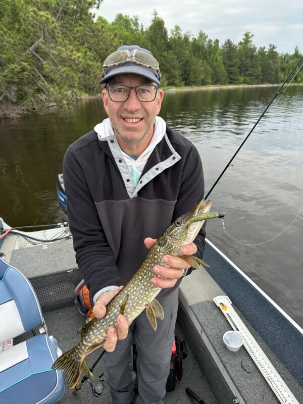 Angler in a boat holding a northern pike